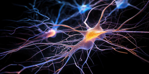 Neural active cells microscope closeup, brainstorm electricity brain cell, idea and medical concept art	
