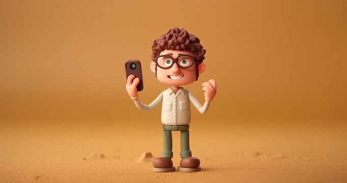 Claymation Man Holding a Phone Wearing White Shirt and Green Pants, Doing Fist Bump in Celebration,, Beige Background, AI Generative