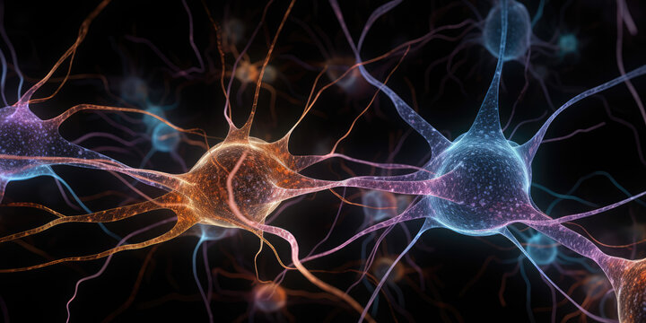 Neural active cells microscope closeup, brainstorm electricity brain cell, idea and medical concept art	

