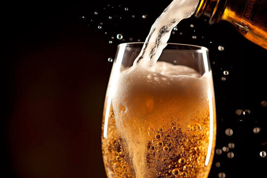 Close - up image of a beer being poured into a glass, capturing the formation of the frothy head and the bubbles rising.