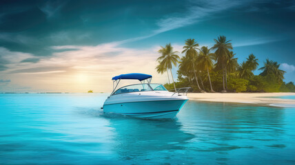 Fototapeta na wymiar Motorboat on tropical sea, speedboat sailing, motor yacht on the summer holiday island seascape 
