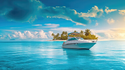 Motorboat on tropical sea, speedboat sailing, motor yacht on the summer holiday island seascape 
 - obrazy, fototapety, plakaty