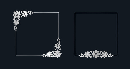 Square silver floral frame template set. Luxury golden frame border for invite, wedding, certificate. Vector art with flowers and leaves.