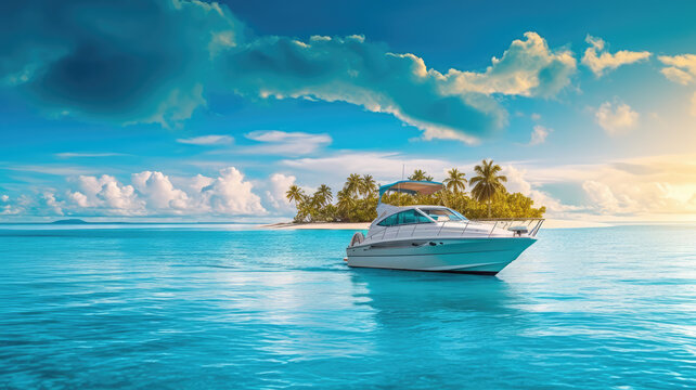 Motorboat on tropical sea, speedboat sailing, motor yacht on the summer holiday island seascape 
