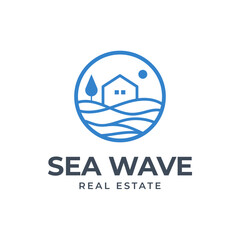 Mono line logo illustration of house and waves. It is suitable for use for real estate logos.