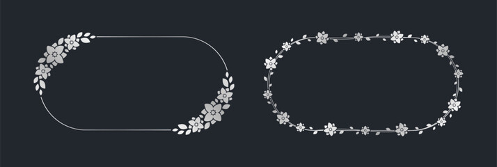 Silver oval floral frame collection. Luxury golden frame border for invite, wedding, certificate. Vector art with flowers and leaves.