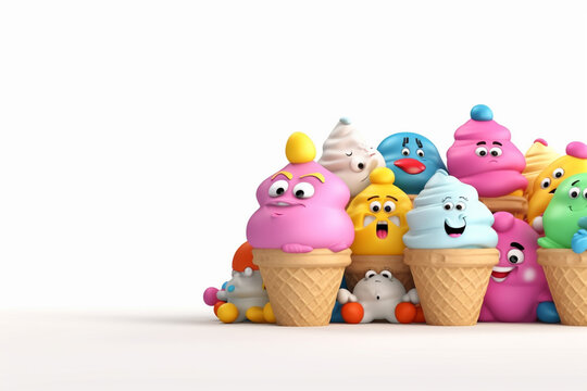 3d illustration of colorful ice cream character in waffle cone with funny faces generative ai