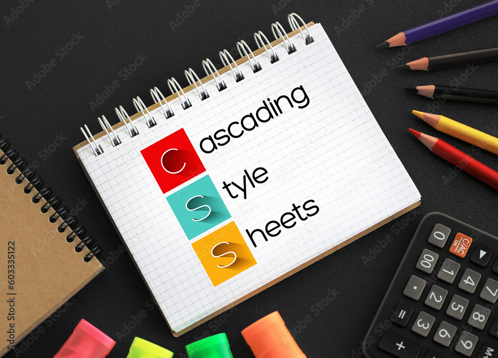 Poster css - cascading style sheets acronym on notepad, technology concept background
