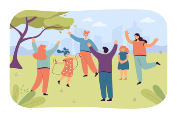 Young people having fun at park vector illustration. Happy children jumping and playing outside, enjoying nature together. Summer, healthy lifestyle, entertainment concept