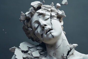 Broken ancient greek statue woman head, created by a neural network, Generative AI technology - obrazy, fototapety, plakaty