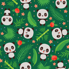 Cute panda seamless pattern. Kawaii panda repeat design. Baby panda cartoon safari animal chinese bear. Palm leaves. Tropical flowers. Summer repeat design for children fashion print, textile, paper.
