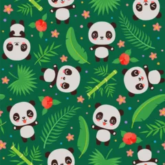 Fotobehang Cute panda seamless pattern. Kawaii panda repeat design. Baby panda cartoon safari animal chinese bear. Palm leaves. Tropical flowers. Summer repeat design for children fashion print, textile, paper. © Cute Design