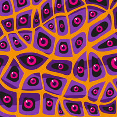 Purple abstract pattern vector illustration. Surreal lavender and orange ornament with eyes or circles for background design. Lavender color, aesthetics concept