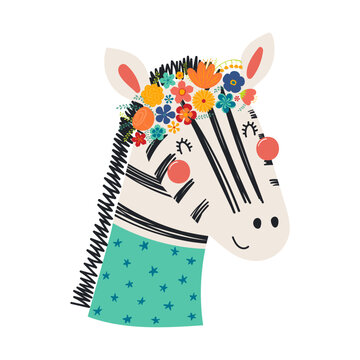 Cute funny zebra in floral wreath, t-shirt. Hand drawn cartoon character illustration. Scandinavian style flat design, isolated vector. Kids print element, flower crown, summer blooms, blossoms