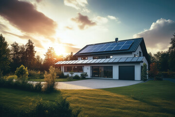 Solar panels on roof of the modern house, photovoltaic green renewable energy powered home, ecology, nature harmony	