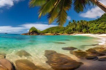 Plakat panoramic view of a sandy cove with palm trees and crystal clear water, tropical wallpaper, Generative AI