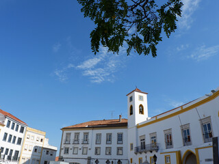Low angle view on buildings on republic square in Elvas, the town of Alto Alentejo region, unesco world heritage site in Portugal