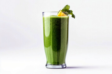Fresh green smoothie in a tall glass, set against a neutral or white background.