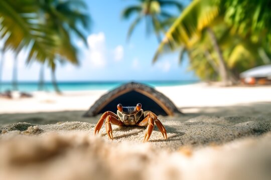 curious crab on the sand surrounded by blurred palm trees and beach scenery in the background, Generative AI