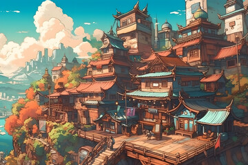 Illustration of a Serene Village at  Day. Generative AI