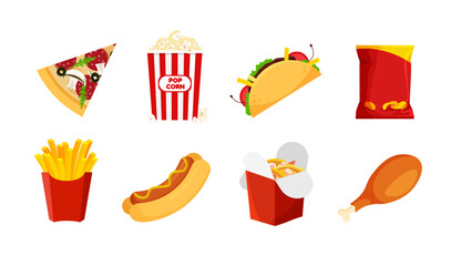 Junk food set. Fastfood: hot-dog, pizza, chips, french fries, popcorn, chicken leg, tacos etc. Unhealthy eating. Vector illustration in trendy flat style isolated on white background.