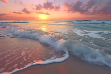pastel-colored sunrise over the ocean, with gentle waves and a sandy beach in the foreground, Generative AI
