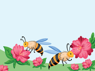Nature themed vector illustrative background with bees and flowers decorations isolated on sky blue horizontal landscape wallpaper. Empty copy space vector backdrop for social media post or poster.