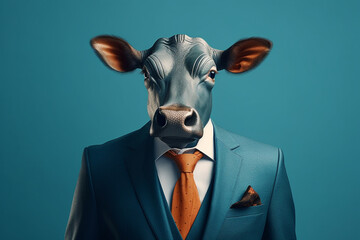 Bull or Cow head in suit and tie on dark blue background. Business concept ai