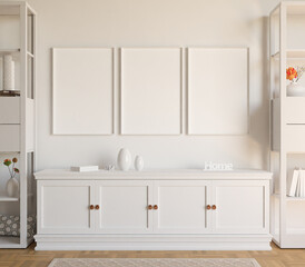 Set of 3 white frames. Realistic modern interior scene mockup. Vertical frame. Set of 3 frames on a white background.