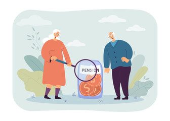 Senior people saving pension vector illustration. Frustrated man and woman looking at jar of money with magnifier. Pension reform, raising of retirement age, senior life concept