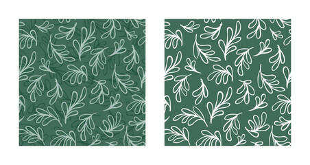 Seamless pattern with drawn contours of twigs. In vintage green tones, an endless pattern of elements of nature. Natural floral theme.