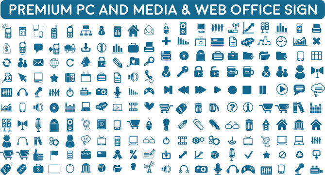 set of icons | premium Media service and PC Related icon pack with addition flat web office signs | 200+ icon pack