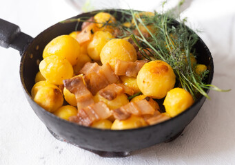 appetizing freshly cooked fried new potatoes with bacon served in a frying pan