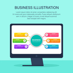 Business infographic illustration, chart with icons step elements. Abstract background with parts, options, processes template. Presenting information, data and knowledge. Banner with graphic editions
