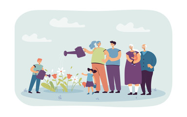 Senior people enjoying time with family vector illustration. Children and grandchildren helping grandparents water flowers in garden. Summer, family reunion, senior lifestyle concept