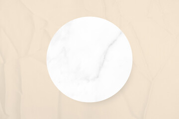 Top View of Marble Podium on Antiquewhite Wrinkled Fabric Background, Suitable for Cosmetic Product Presentation Backdrop, Display, and Mock up.