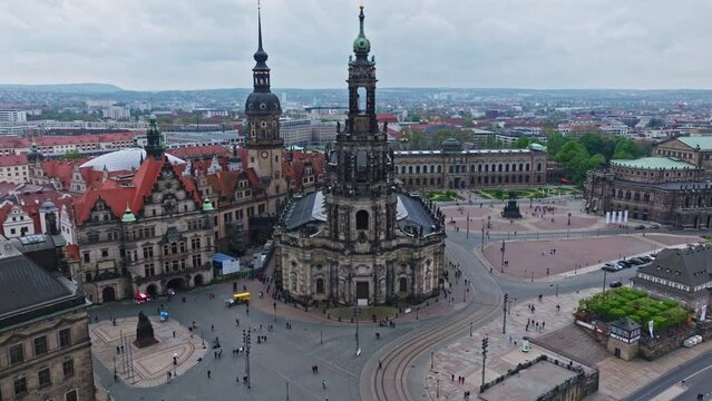 Drone shot of Dresden Cathedral ( Katholische Hofkirche ) or Cathedral of the Holy Trinity ( Kathedrale Sanctissimae Trinitatis ) , Dresden , Germany .