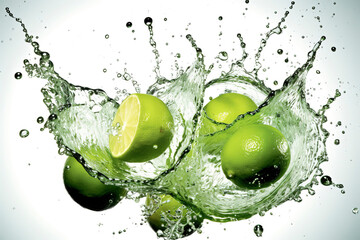 Fototapeta na wymiar Fresh limes and splash of water.