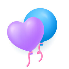 Flying balloons in shape of heart and circle 3D illustration. Cartoon drawing of blue and purple balloons in 3D style on white background. Love, romance, leisure, celebration, Valentine day concept