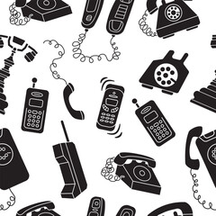 Seamless pattern with Various classic and modern telephones. Wire, cell and mobile phones. Retro vintage style icons. Hand drawn Vector illustration isolated on background