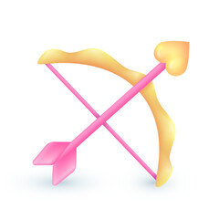 Pink and yellow Cupid bow and arrow 3D illustration. Cartoon drawing of bow and arrow with heart, symbol of romantic feelings in 3D style on white background. Love, romance, Valentine day concept