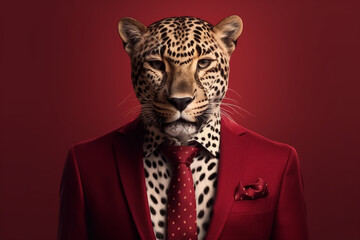 Leopard in a orange suit and bow tie. Studio shot. business and fashion concept generative ai