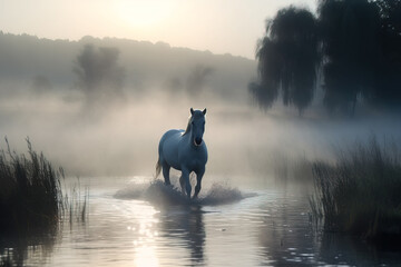 Obraz na płótnie Canvas Image of white horse running on water in foggy morning time on natural background. Wild Animals. illustration. Generative AI.