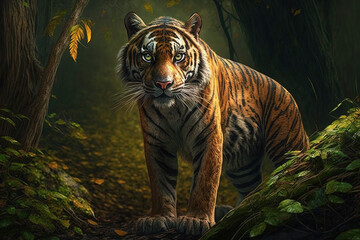 Image of a majestic tiger standing in the middle of the forest. Wildlife Animals. Illustration, generative AI.