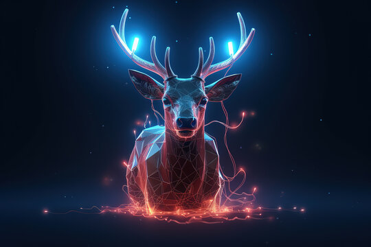 Image of deer with beautiful colors and light on a dark background. Wildlife Animals. Illustration, generative AI.