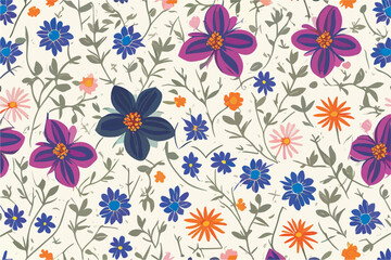 Vector floral pattern with flowers and green leaves
 on a white background.