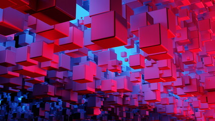 Illuminated cubes with blue red light on a platform on a black background. A lot of cubes with reflective walls. 3d render