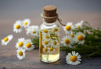Essential oil in glass bottle with fresh chamomile illustration. Ai generative.