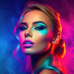 Glamorous woman with languid expression in vibrant colors neon lighting. Generative AI