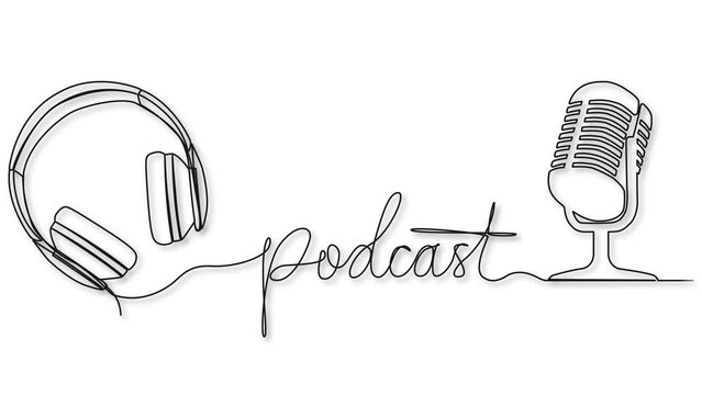 animated continuous single line drawing of handwritten word PODCAST and microphone and headphones, podcasting concept line art animation